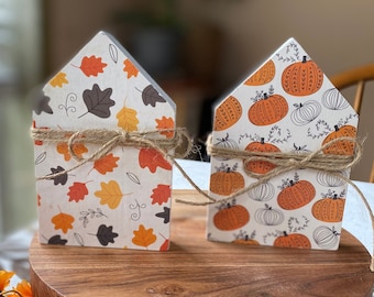 Fall Pumpkin or Leaves Print Tiered Tray Decor, Wooden Mini House Block Shelf/Desk Sitter, Autumn Seasonal Decoration