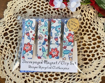 Patriotic Liberty Floral Refrigerator Magnet Clothespin Clip Set, Home & Office Organization, 4th of July Decor, Decoupaged  Magnets