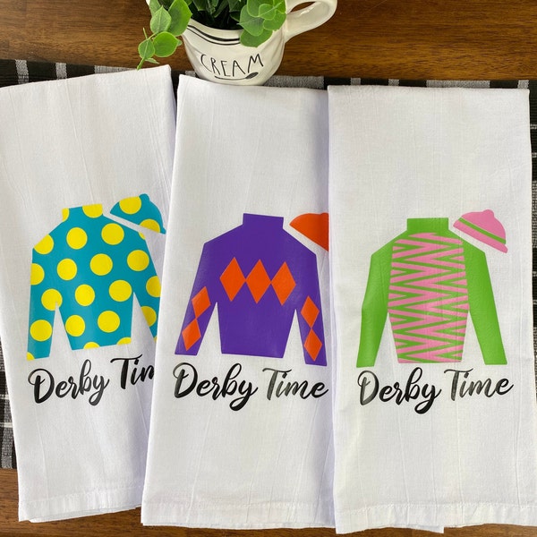 Kentucky Derby Colorful Jockey Silk Flour Sack Tea Towel | Derby Time | Great Hostess or Horse Race Fan Gift | Derby Party Décor/Favors