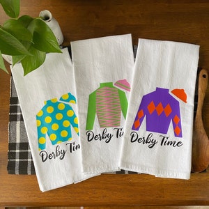 Kentucky Derby Colorful Jockey Silk Flour Sack Tea Towel | Derby Time | Great Hostess or Horse Race Fan Gift | Derby Party Décor/Favors