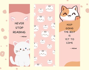 Cute Cat Themed Printable Bookmarks, Download, Digital Product, PDF, Books, Digital Art, Illustration, Reading, Stationary, Bookmark set