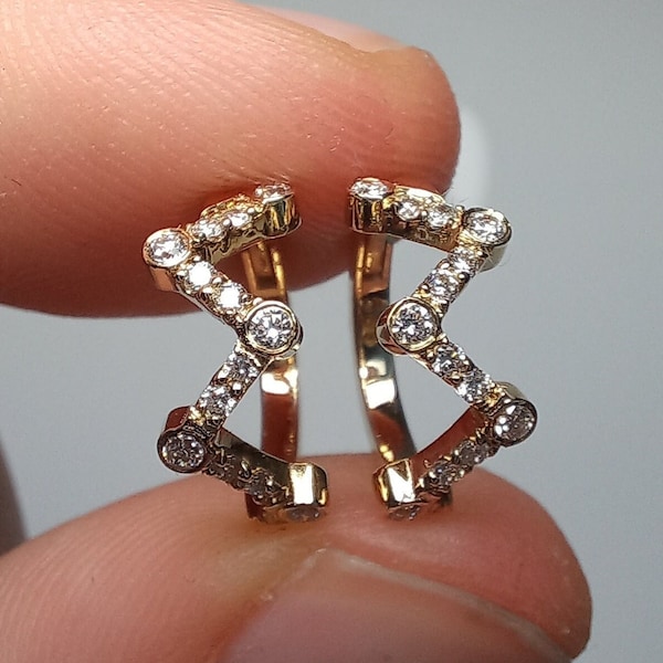 Zigzag Diamond Hoops, 14K-18K Cluster Diamond Huggies, Zig-Zag Shaped Diamond Earrings, Modern Diamond Hoops