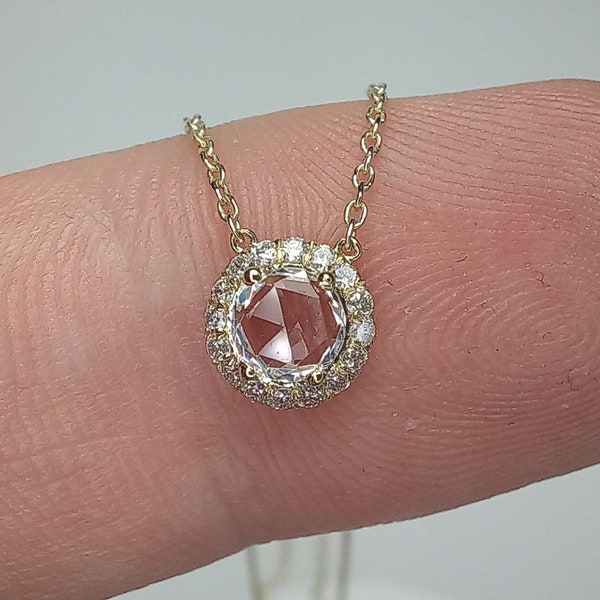 Rose Cut White Sapphire Pendant, Halo Diamond Rosecut Sapphire Necklace, Dainty Rose Cut Charm, 14K Rose Cut Halo Necklace