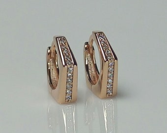 Tapered Diamond Hoops, Mini Taper Diamond Earrings, 14K-18K Pave Diamond Hoops, Pentagon Diamond Hoops, Tiny Pentagon Earrings