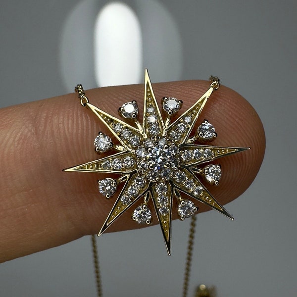 Collar de diamantes celestiales, collar de diamantes estrella, encanto de diamantes Sunburst, colgante de diamantes Starburst de 14K-18K, joyería de diamantes celestiales