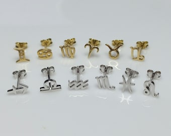 14K Solid Gold Zodiac Studs, Zodiac Sign Earrings, Minimal Horoscope Stud Earrings, Zodiac Sign Gifts, Zodiac Jewelry