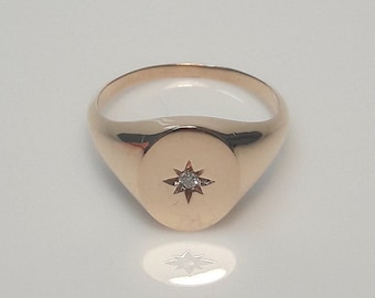 Grand Star Signet Ring, 14K Gold Signet Ring, Diamond Signet Ring, Big Signet Ring, Star Setting Diamond Signet Ring