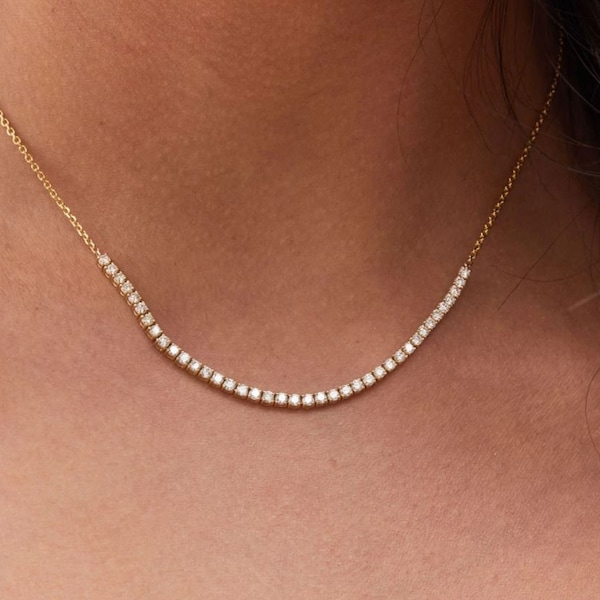 1.40 Ct 2mm Genuine Diamond Tennis Necklace, 14K Gold Prong Setting Diamond Necklace, Half Tennis Necklace With Diamond Cut Cable Chain