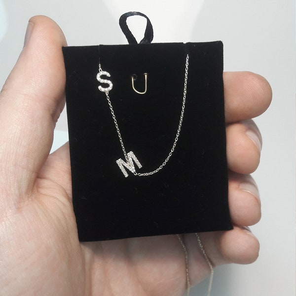 Diamond Asymmetrical Multi Initial Necklace, Diamond İnitial Pendant, Letter Necklace, Asymetric Letter Chain, Customize Letter Necklace