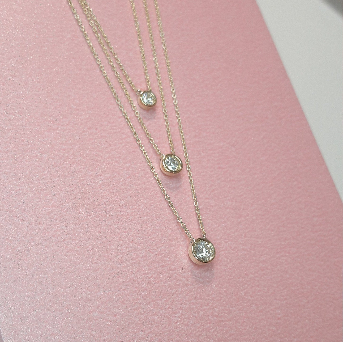 14K Solitaire Diamond Necklace Bezel Diamond Necklace Etsy