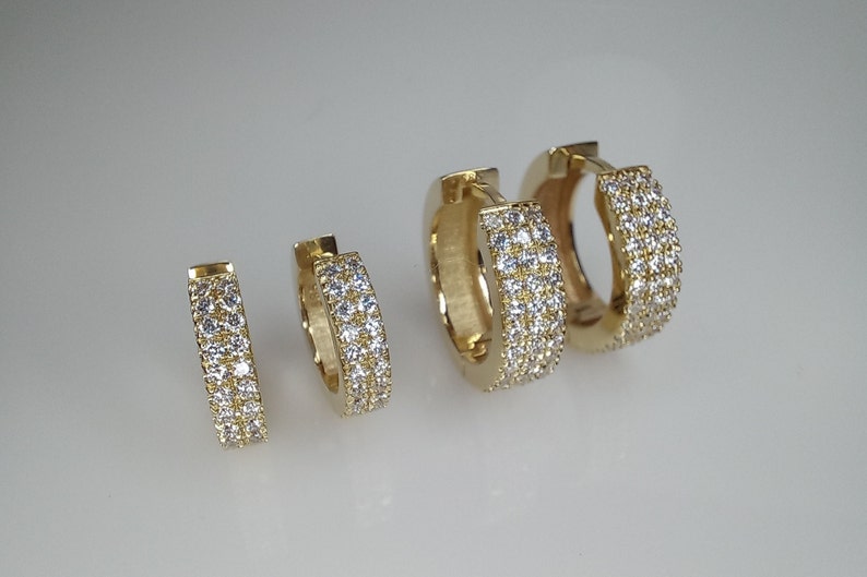 Diamond Triple Row Hoops, Classic Bold Diamond Row Earring, Pave Thick Diamond Huggie Hoop, Micro Pave Diamond Earrings, Sturdy Diamond Hoop image 6