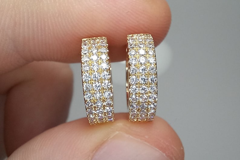 Diamond Triple Row Hoops, Classic Bold Diamond Row Earring, Pave Thick Diamond Huggie Hoop, Micro Pave Diamond Earrings, Sturdy Diamond Hoop image 2