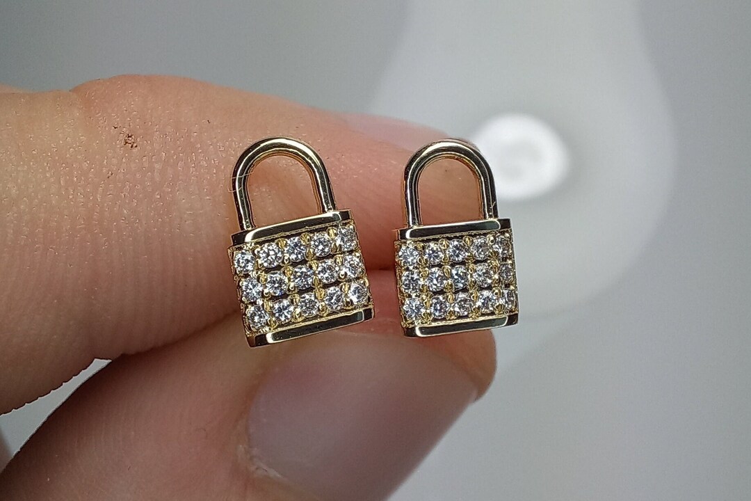 14K Padlock Pave Diamond Studs, Padlock Genuine Diamond Charm, Mother's