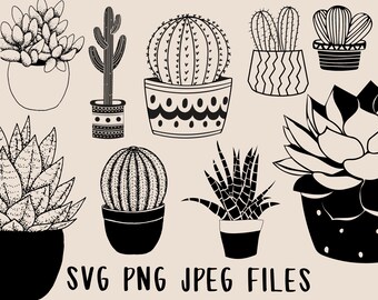 May include: A set of black and white illustrations of various succulents and cacti in pots. The illustrations are in a simple, minimalist style. SVG PNG JPEG FILES is written at the bottom of the image.