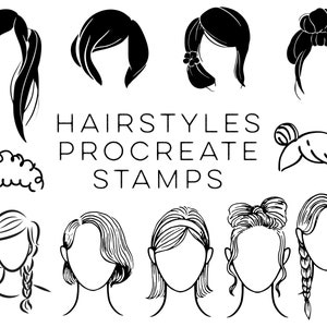 K&ouml;nnte beinhalten: Eine Sammlung von Frisuren in Schwarz und Wei&szlig;, darunter lange, flie&szlig;ende Haare, ein Bob und geflochtene Stile. Der Text "HAIRSTYLES PROCREATE STAMPS" befindet sich zwischen den Illustrationen. Diese Stempel sind ideal f&uuml;r digitale Kunst- und Designprojekte.