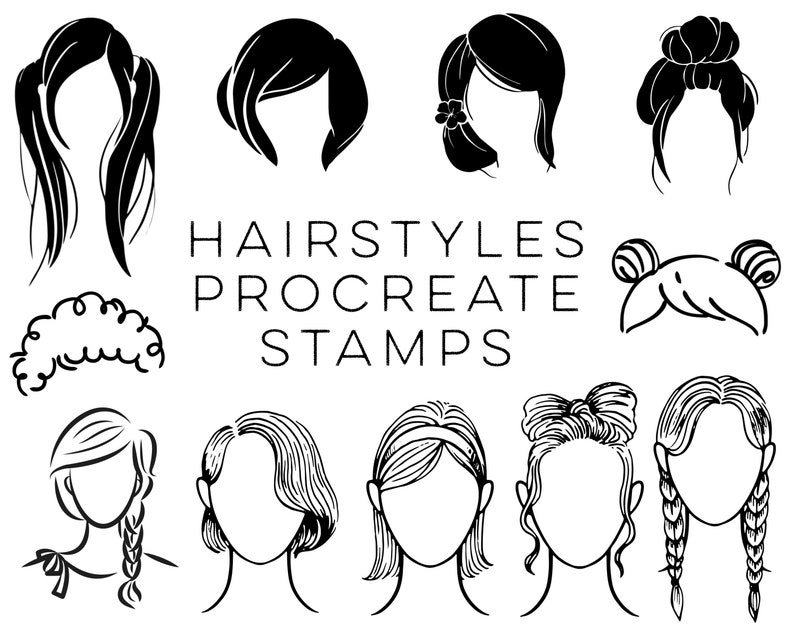 K&ouml;nnte beinhalten: Eine Sammlung von Frisuren in Schwarz und Wei&szlig;, darunter lange, flie&szlig;ende Haare, ein Bob und geflochtene Stile. Der Text "HAIRSTYLES PROCREATE STAMPS" befindet sich zwischen den Illustrationen. Diese Stempel sind ideal f&uuml;r digitale Kunst- und Designprojekte.