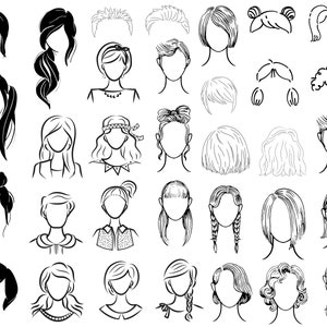 K&ouml;nnte beinhalten: Schwarz-Wei&szlig;-Illustrationen verschiedener Frisuren, darunter Pferdeschw&auml;nze, Z&ouml;pfe, Bobs und Dutt. Die Sammlung zeigt vielf&auml;ltige Stile, von langen, flie&szlig;enden Locken bis hin zu kurzen, strukturierten Schnitten, geeignet f&uuml;r Design oder Mode.