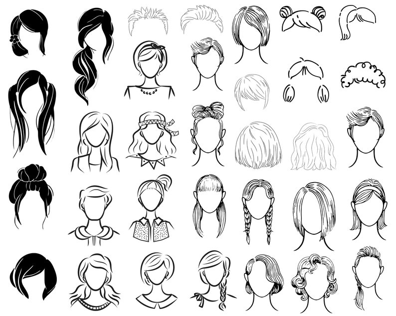 K&ouml;nnte beinhalten: Schwarz-Wei&szlig;-Illustrationen verschiedener Frisuren, darunter Pferdeschw&auml;nze, Z&ouml;pfe, Bobs und Dutt. Die Sammlung zeigt vielf&auml;ltige Stile, von langen, flie&szlig;enden Locken bis hin zu kurzen, strukturierten Schnitten, geeignet f&uuml;r Design oder Mode.