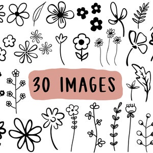 Doodle Flower clipart commercial use- clip art hand drawn , branches, leaves, flowers, Floral design elements, Cricut cutfile , SVG
