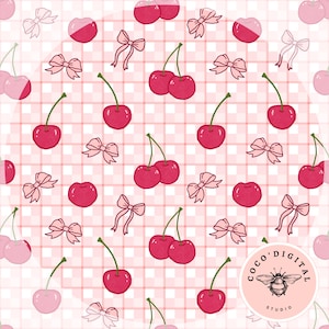 May include: A repeating pattern of cherries and bows in shades of pink and red. The cherries have green stems and are paired with delicate pink bows. The background is a light pink and white checkered pattern. A logo with a bee is in the bottom right corner.