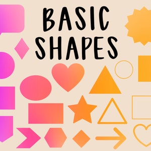 Può includere: Un'illustrazione grafica di forme di base in vari colori, tra cui un fumetto, un diamante, un cerchio, un ovale, un cuore, una stella, una freccia, un esagono e un triangolo. Il testo "FORME BASE" è scritto in nero nella parte superiore dell'immagine.