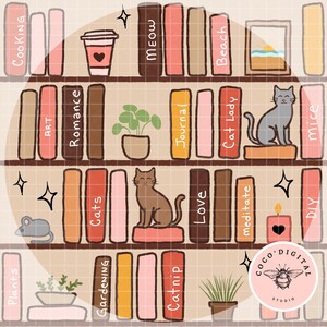 May include: A digital illustration of a bookshelf filled with books, a coffee cup, and a framed picture. The books have titles like "Cats," "Love," and "Beach." Two cats are perched on the shelves. The color palette includes warm tones.