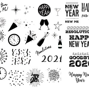May include: Black and white illustrations of New Year's Eve imagery, including fireworks, champagne bottles, confetti, party hats, clocks, and text that says "Happy New Year!" and "Goodbye 2020".