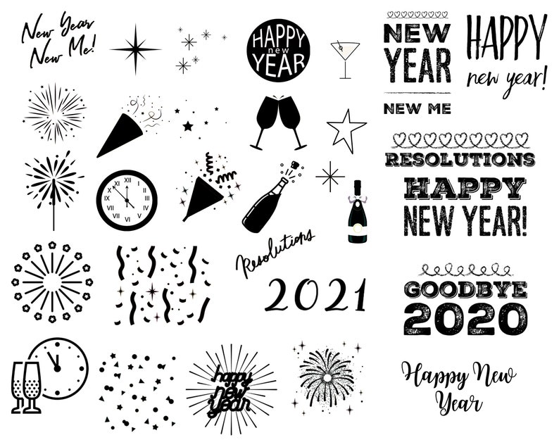 May include: Black and white illustrations of New Year's Eve imagery, including fireworks, champagne bottles, confetti, party hats, clocks, and text that says "Happy New Year!" and "Goodbye 2020".