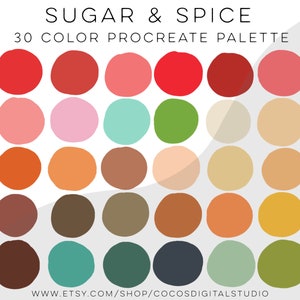 May include: A digital color palette with 30 color swatches in a grid pattern. The palette is titled "Sugar & Spice" and includes shades of red, pink, green, brown, orange, and yellow.