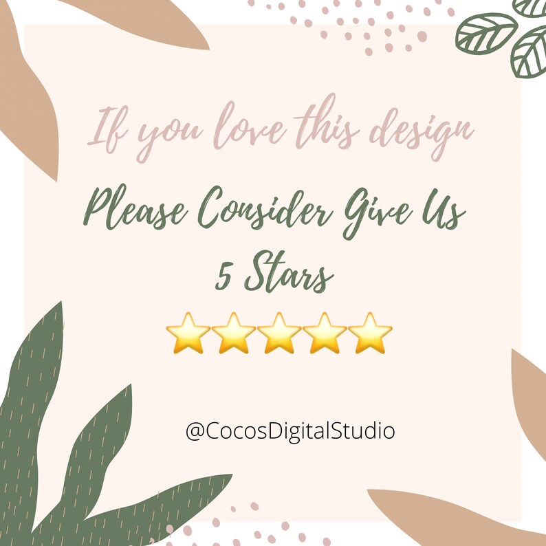 Op de afbeelding: Een roze en groene afbeelding met de tekst "If you love this design Please Consider Give Us 5 Stars" en vijf gouden sterren. De tekst "@CocosDigitalStudio" staat onder de sterren.