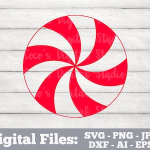 May include: A red and white peppermint candy design. The candy is a circular shape with red and white spiral stripes. The words "Digital Files" and file type abbreviations are at the bottom.