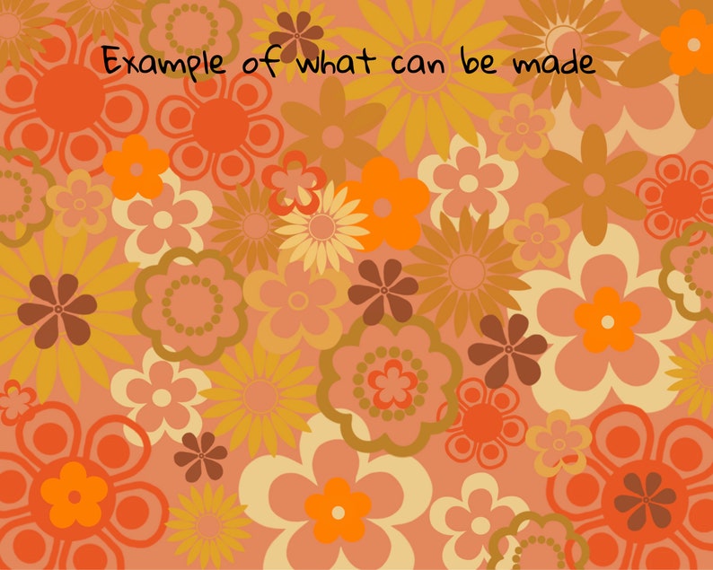 Op de afbeelding: Een digitale illustratie van een retro bloemenpatroon met een verscheidenheid aan bloemen in tinten oranje, geel, bruin en roze op een perzikkleurige achtergrond. De tekst "Voorbeeld van wat er gemaakt kan worden" staat in het zwart bovenaan de afbeelding.