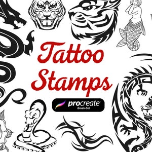 Op de afbeelding: Zwart-witte tattoo-stempels met een draak, tijger, slang, zeemeermin en bloemmotieven. De stempels zijn gelabeld met "Tattoo Stamps" en "Procreate Brush Set".