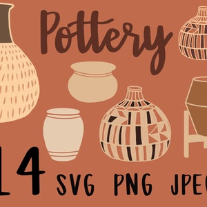 Può includere: Un set di 14 disegni di ceramica in formato SVG, PNG e JPEG. I disegni presentano vari stili di ceramica, tra cui un vaso alto con una superficie testurizzata, un vaso rotondo con un coperchio, un vaso rotondo con un supporto e un vaso rotondo con un motivo geometrico.