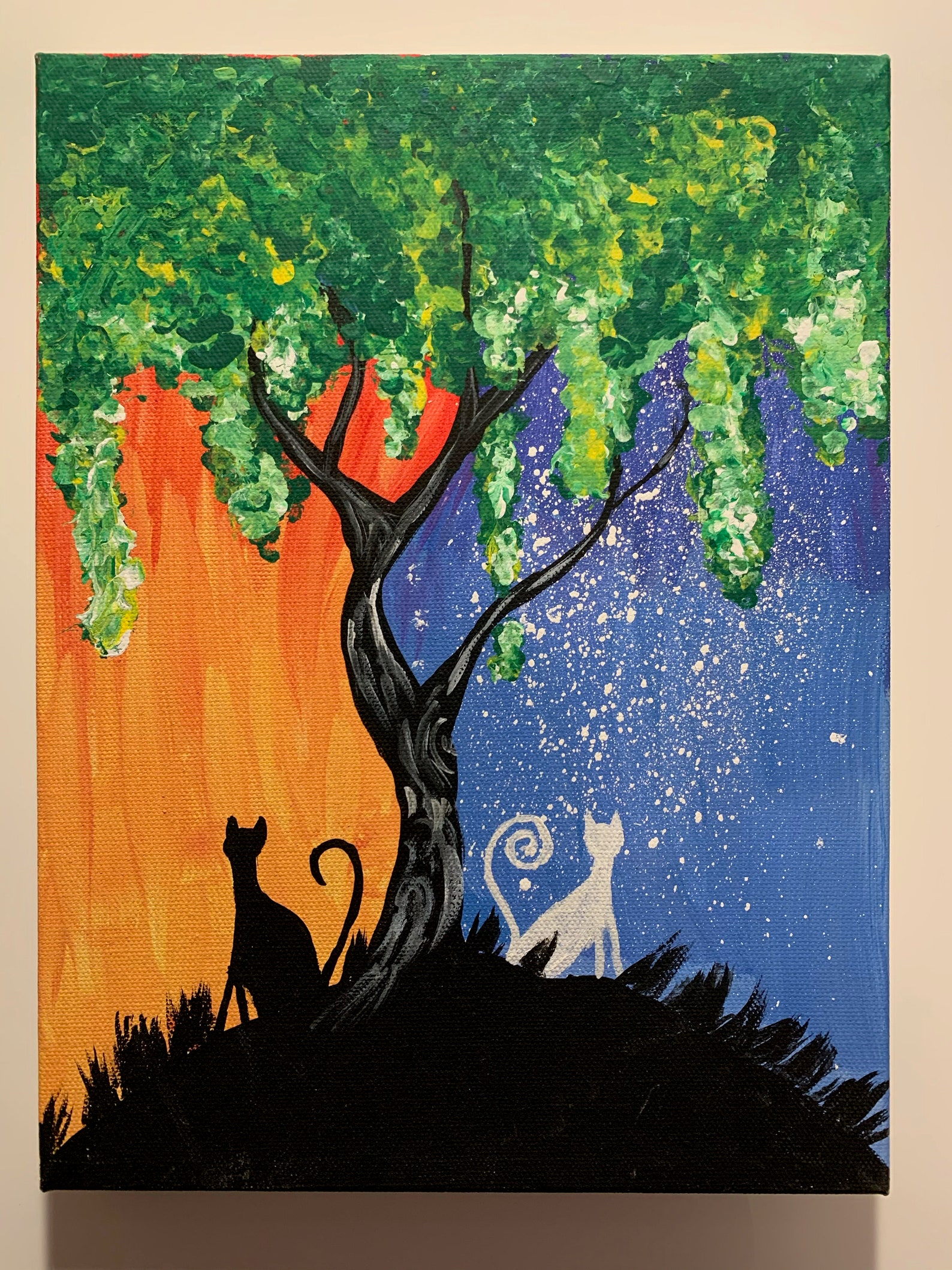 Expressionism cat acrylic painting on canvas sun and moon Etsy