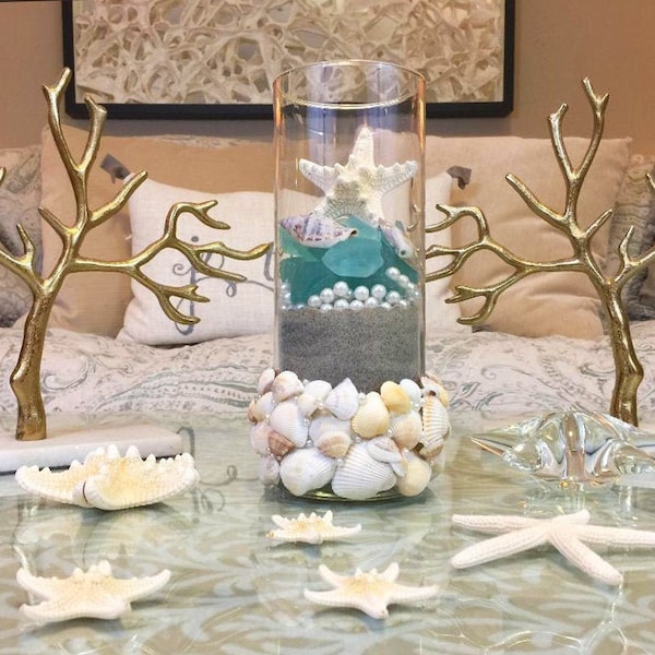 SEASHELL SEA GLASS hurricane, knobby starfish, faux ivory pearls, home decor, wedding dinner centerpiece, beach & coastal decor, ocean inspo