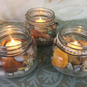 Mason Jar Beach Theme Lantern, sand/ shells galore/ candles/ mason jar/ choice of rim detail, beach & coastal decor,  wedding party gift