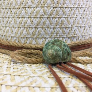 Wide Brim Beach Hat, white & beige, faux leather cord, jute rope, green turbo shells, floppy sun hat, sunburn protection, beach theme