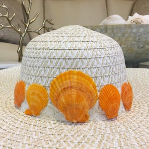 Wide Brim Beach Hat, white & beige, orange scallop shells, lace satin ribbon, floppy sun hat, sunburn protection, beach and coastal theme