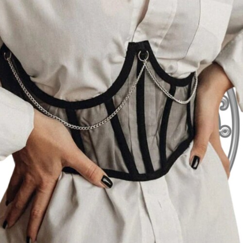 Women's Gothic Punk Metal Chain Black Corset Goth High Waist Corset Harajuku Mesh See Through Waist Shaper Women Corset