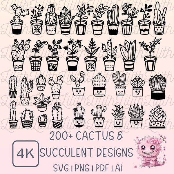 Cactus & Succulent SVG Pack - 200 I Cactus Svg I Cactus Png I Succulent Svg I Pot Svg I Office Plant Svg I Monstera Svg I Plant Svg Pack