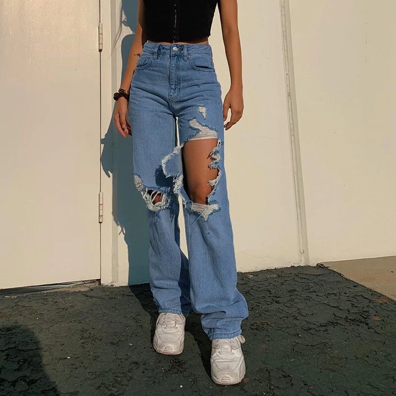 Women's Streetwear Ripped Hole High Waist Jeans Pants | Etsy