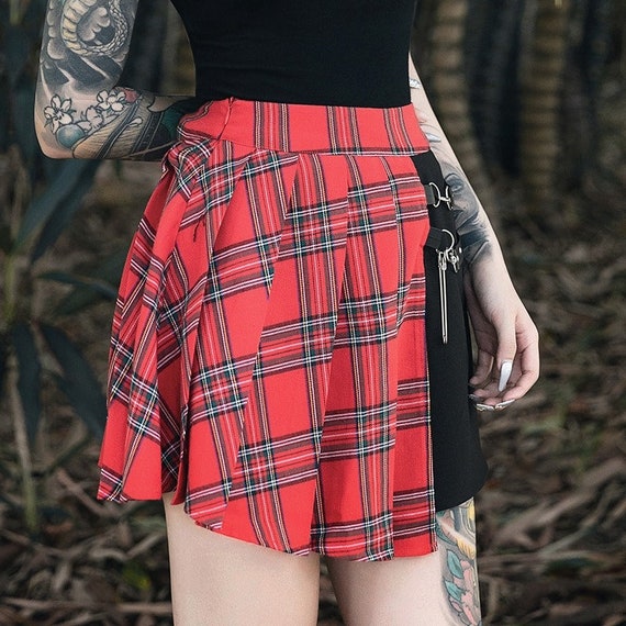 Punk Gothic Skirt Women Pleated Plaid Check Mini Asymmetrical Bandage Splice