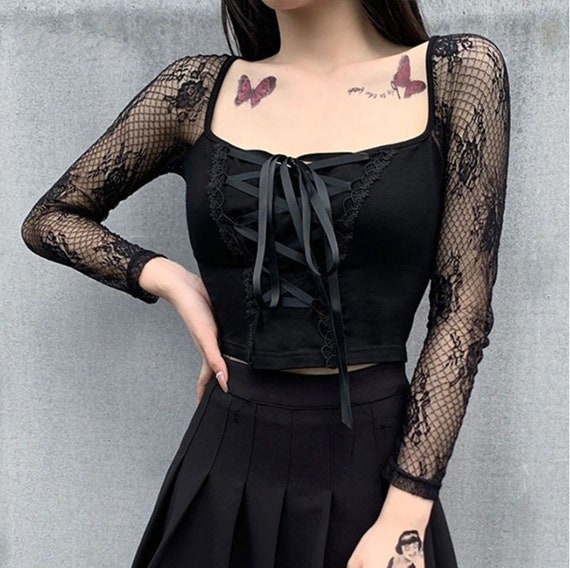 Women's Gothic Vintage Elegant Black Lace up Gothic Top | Etsy