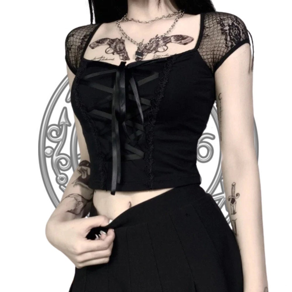 Women's Gothic Mesh Top, Goth T-shirt, Bodycon Bandage Lace Black T-shirt, Gothic  Streetwear Sexy Top, Mesh Tee -  Canada