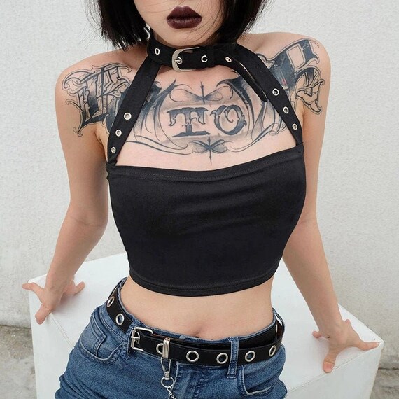 Women Gothic Tops Off Shoulder Halter Neck Chain Punk Crop Vest Retro Top Shirts
