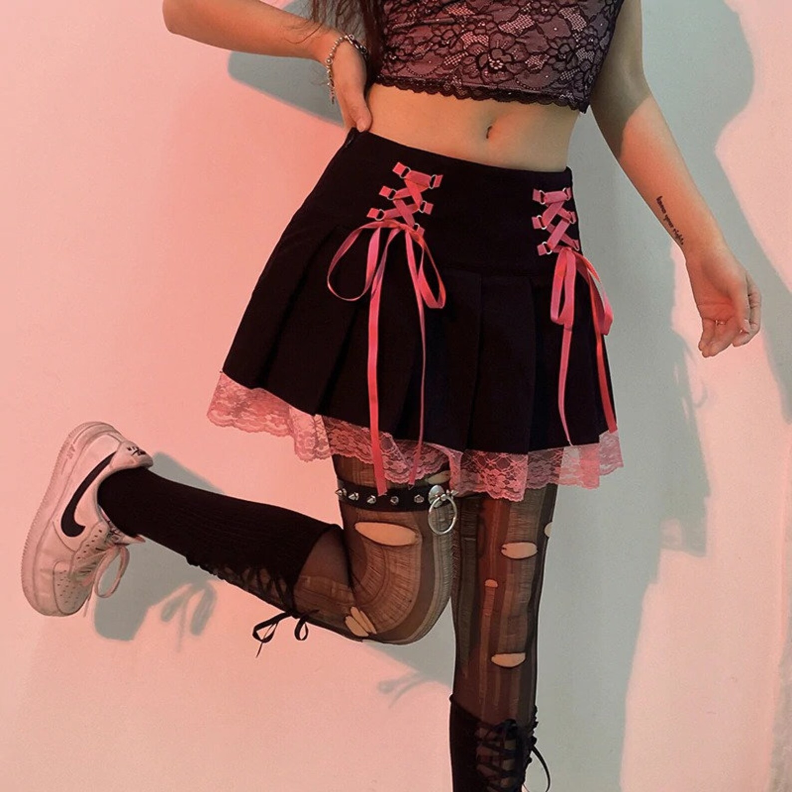 Women S Goth Lace Up Pleated Skirt Y2k Punk Vintage Etsy