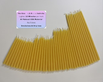 Pure YELLOW BEESWAX Thin Taper CANDLES, 100% cotton wicks, unscented, Smokeless, Drip-less,