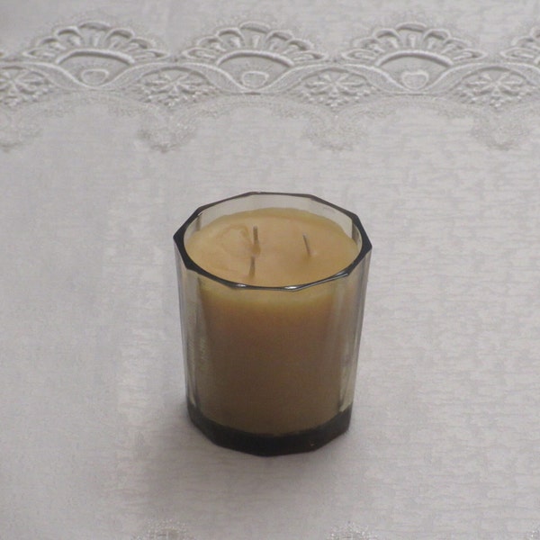 3-wick Beeswax Candle in a Verge smoke double old fashioned glass-Pure beeswax-100% cotton wicks-unscented-Smokeless-Lights for over 25 Hour