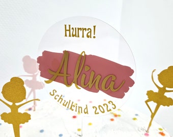 Einschulung Deko-Set Ballerina Cake-Topper mit Namen und Wimpelkette "Schulkind 2023" - Rosa Glitzer Mädchen